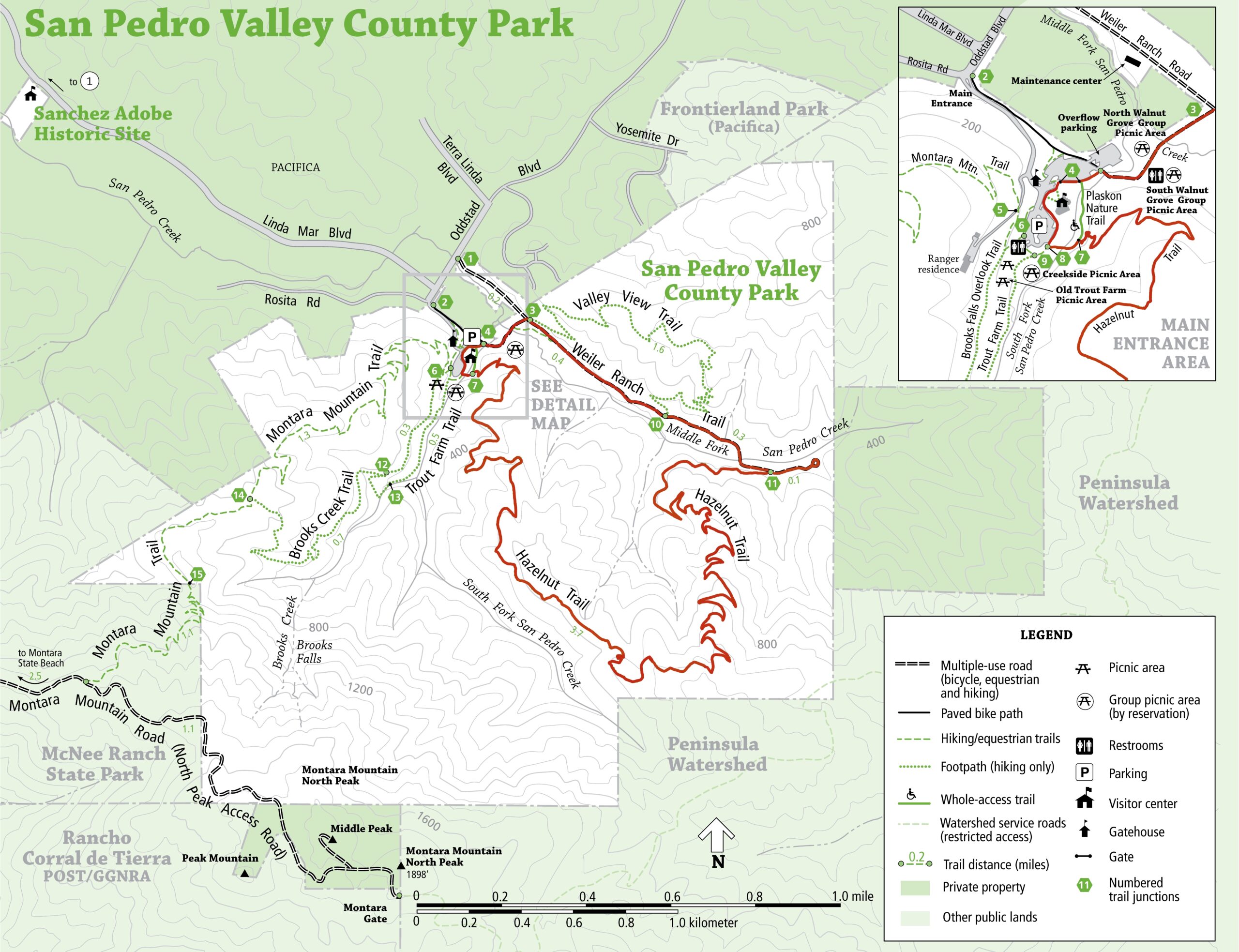 San Mateo County Parks Map with Hazelnut Trail to Weiler Ranch Trail Loop highlighted