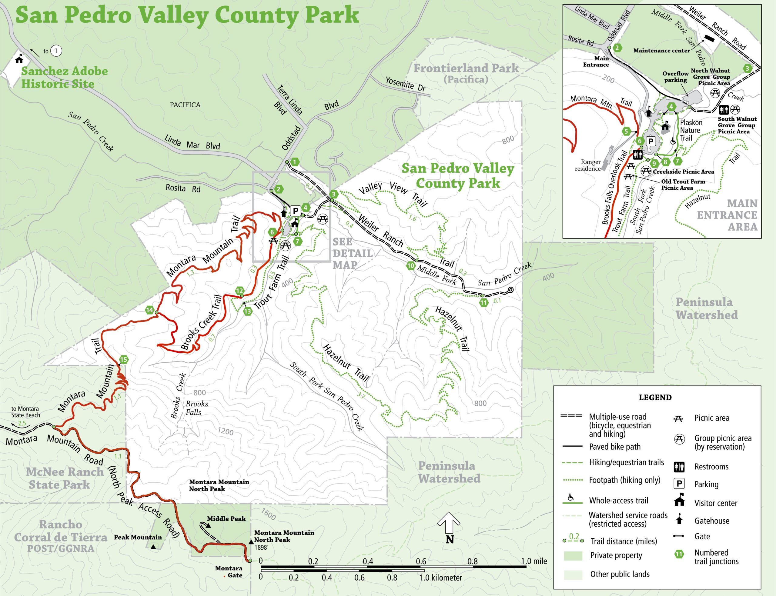 San Mateo County Parks Map with Brooks Creek Trail to Montara Mt. Trail Loop highlighted