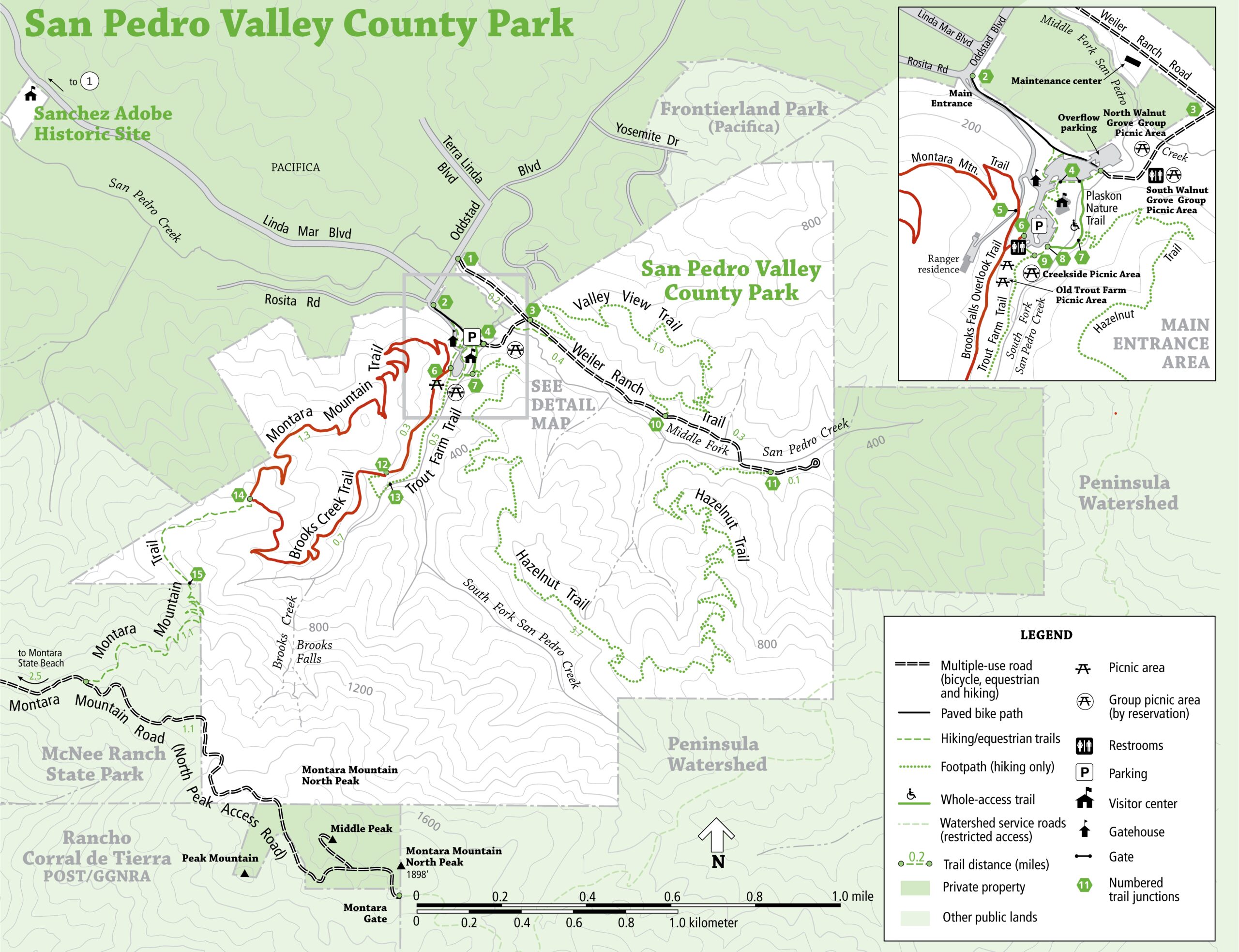 San Mateo County Parks Map with Brooks Creek Trail to Montara Mt. Trail Loop highlighted